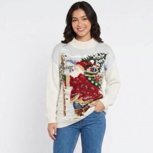 Heirloom Collectibles Womens Woodland Santa Embellished Vintage LS Mockneck Sz L